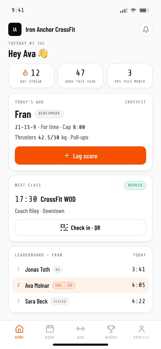 The member home screen: today's WOD, streaks, and one-tap booking
