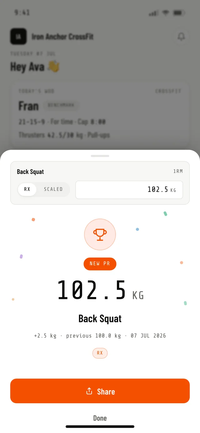 Logging a score: one thumb, automatic PR detection, the delta shown immediately